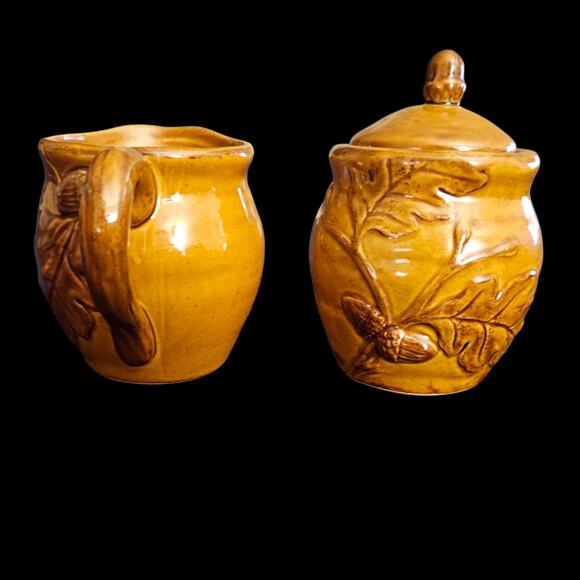 Cracker Barrel Bountiful Harvest Stoneware Sugar & Creamer Set Acorn Oak Leaf - Picture 4 of 7